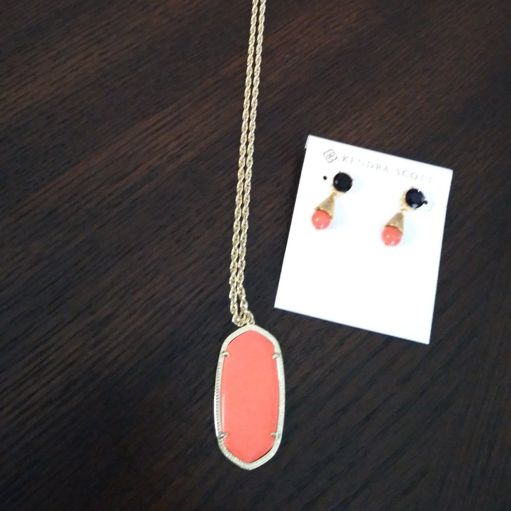 Kendra Scott necklace and earrings [gold, coral, black]